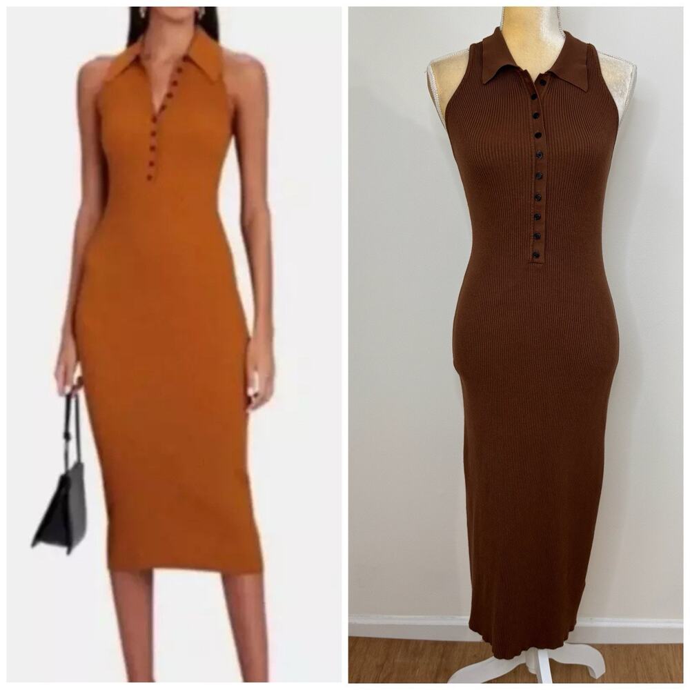 House Of Harlow 1960 Knit Ribbed Midi Dress Size L Brown Sleeveless Collared